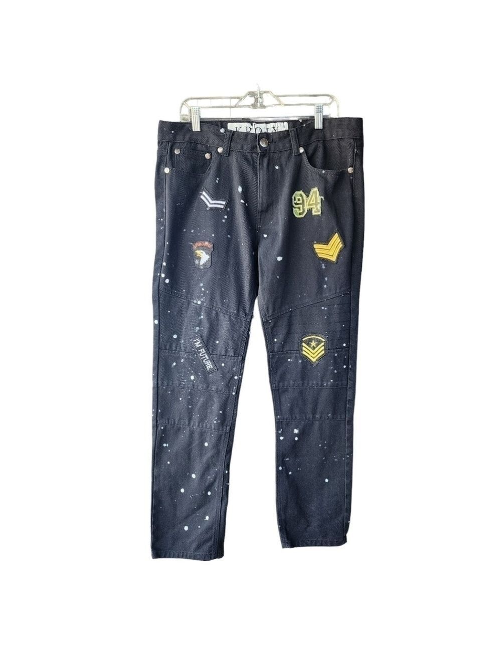 KROIX men sz 36 black denim jeans splatter paint Army airborne New York patches